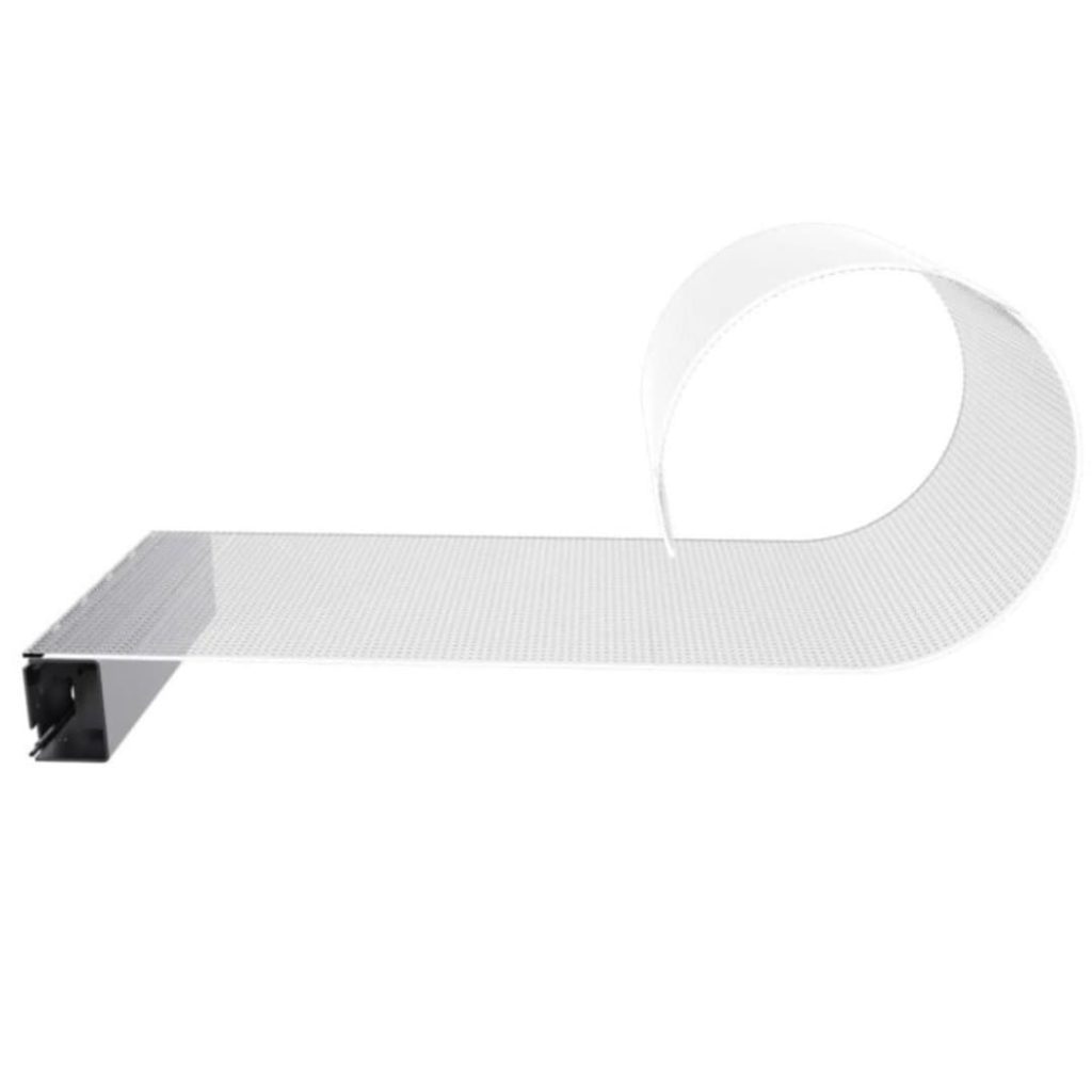Bendable transparent LED crystal film strip looping back on itself on a white background