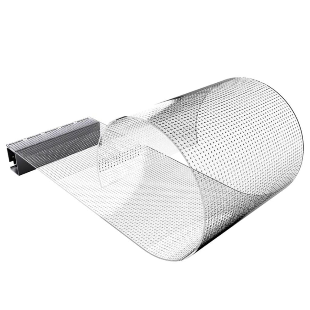 Crystal LED film screen curling into a cylinder, showing its flexible transparent dotted surface and aluminium mounting bar