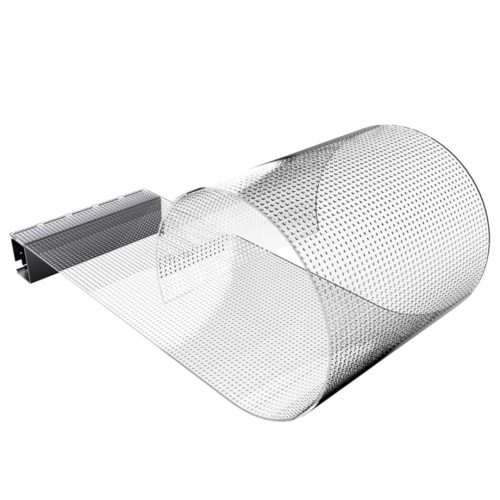 Crystal LED film screen curling into a cylinder, showing its flexible transparent dotted surface and aluminium mounting bar