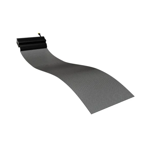 Flexible transparent mesh LED module curving, with integrated power box