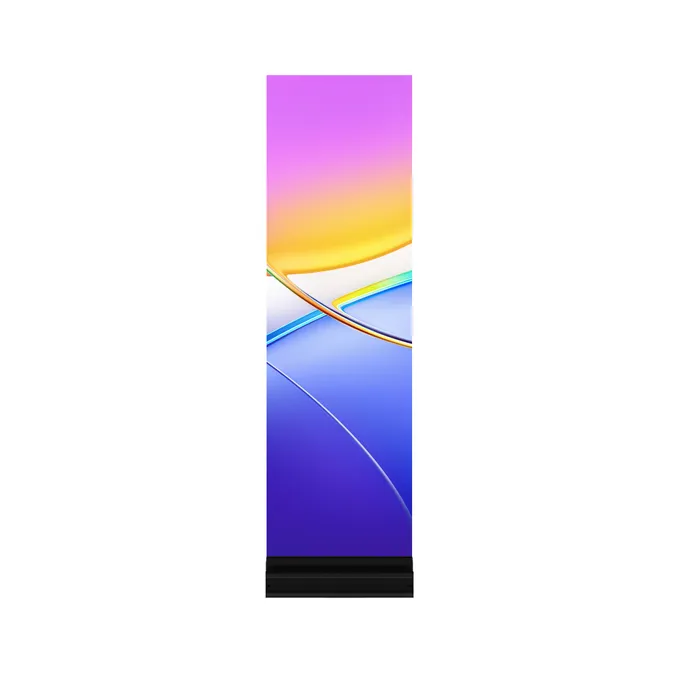 Transparent mesh LED M2 P2.5 vertical panel displaying colorful abstract content