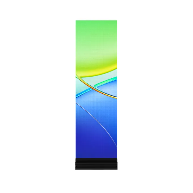 Transparent mesh LED M3 P3.91 vertical panel displaying colorful abstract content