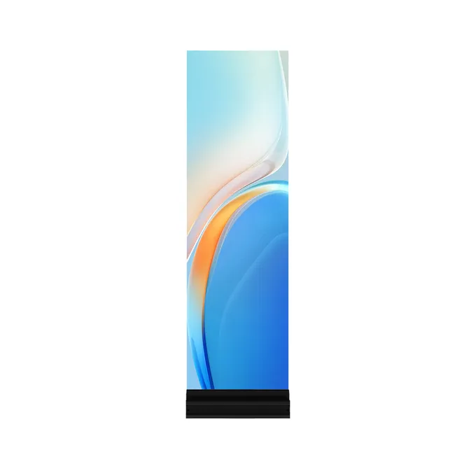 Transparent mesh LED M6 P6.25 vertical panel displaying colorful abstract content
