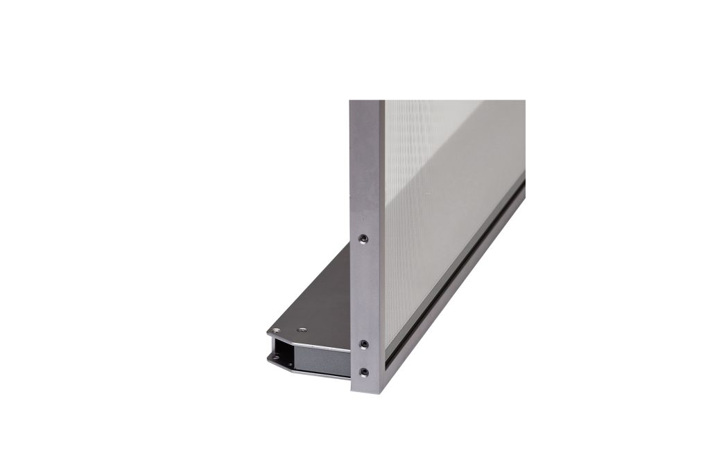 Close-up of the transparent OLED display aluminium frame and base corner with M4 mounting holes