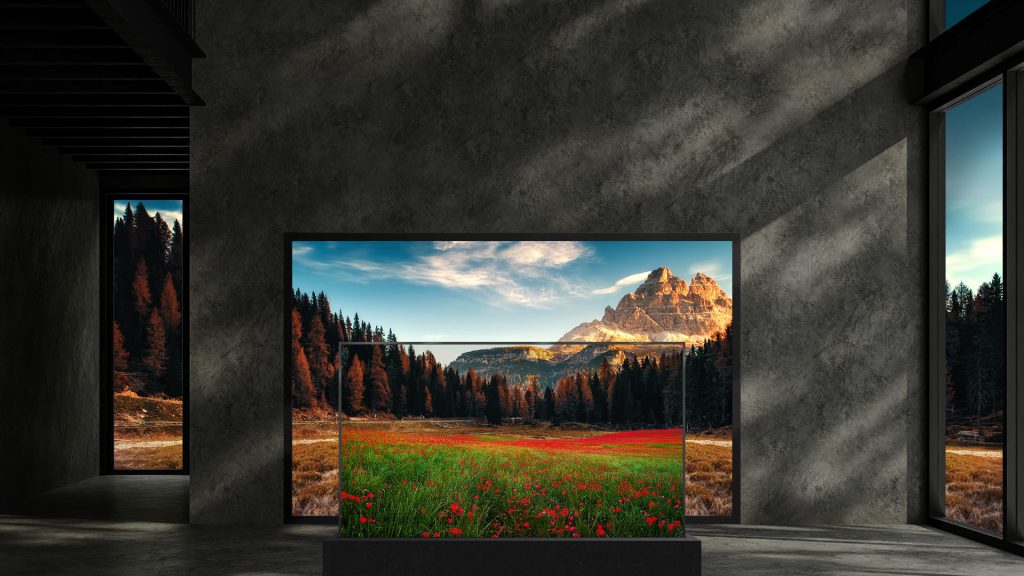 Transparent OLED display in a modern interior showing a red poppy field landscape
