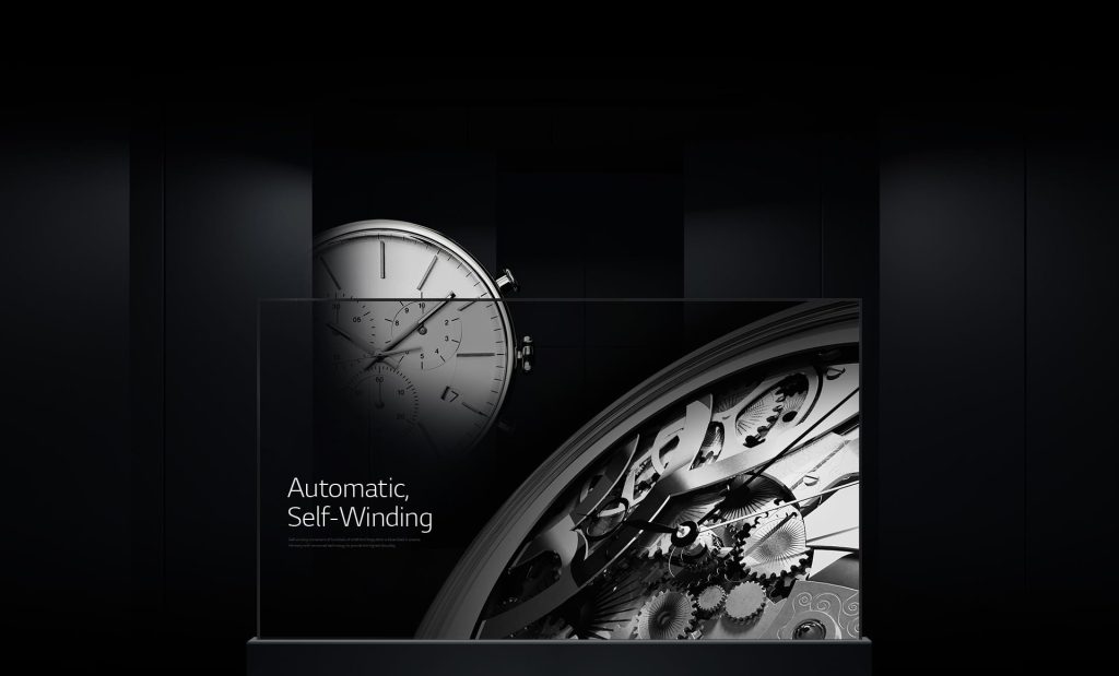 Transparent OLED display presenting a luxury watch movement against a dark backdrop