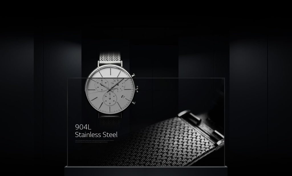 Transparent OLED display showcasing a stainless-steel watch