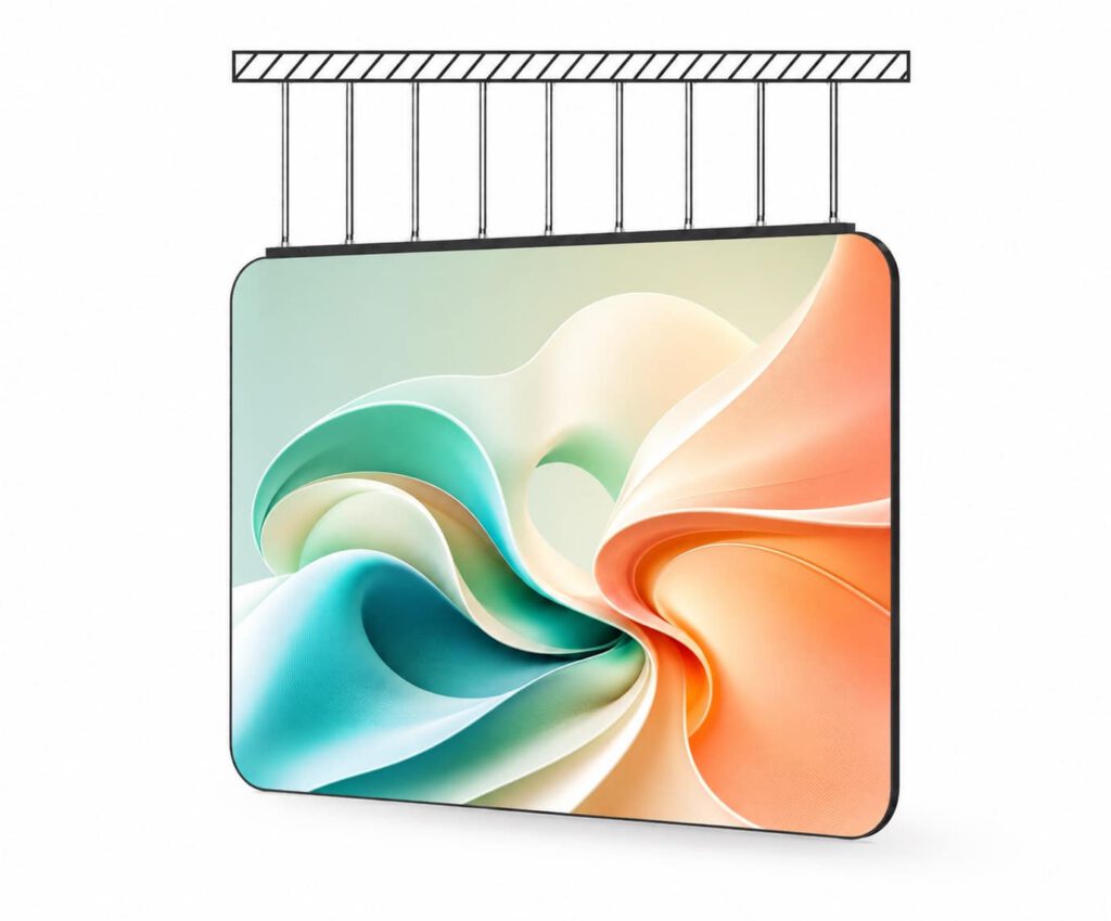 Gemini double-sided LED display with rounded-corner cabinet suspended from a ceiling mount