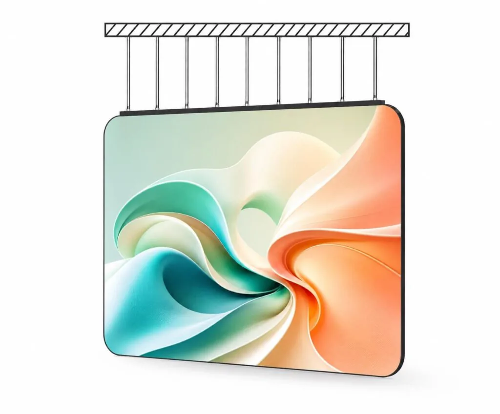 Gemini double-sided LED display with rounded-corner cabinet suspended from a ceiling mount