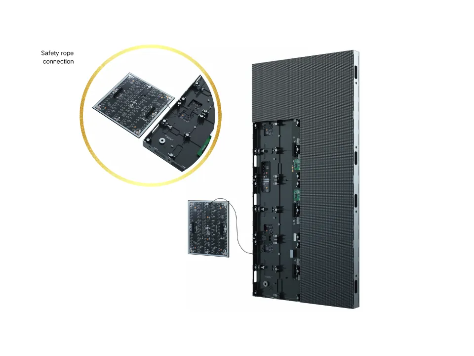 Rear of the Gemini double-sided LED cabinet with serviceable LED module and safety rope connection