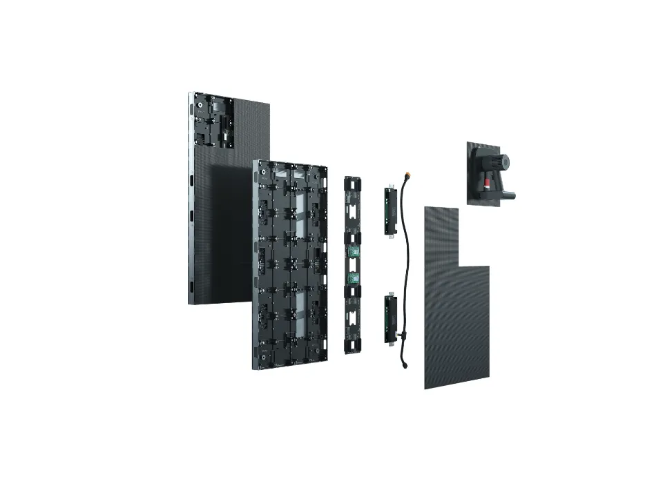 Exploded view of the Gemini double-sided LED cabinet showing LED modules, frame, hub board and cabling