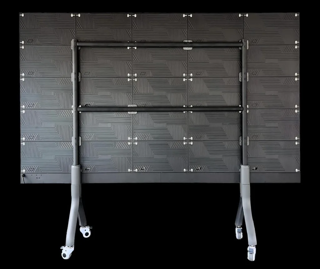Rear view of the Titan all-in-one LED TV on its mobile stand, showing the modular panel back
