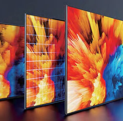 Three Eclipse COB LED video wall panels with vivid abstract imagery