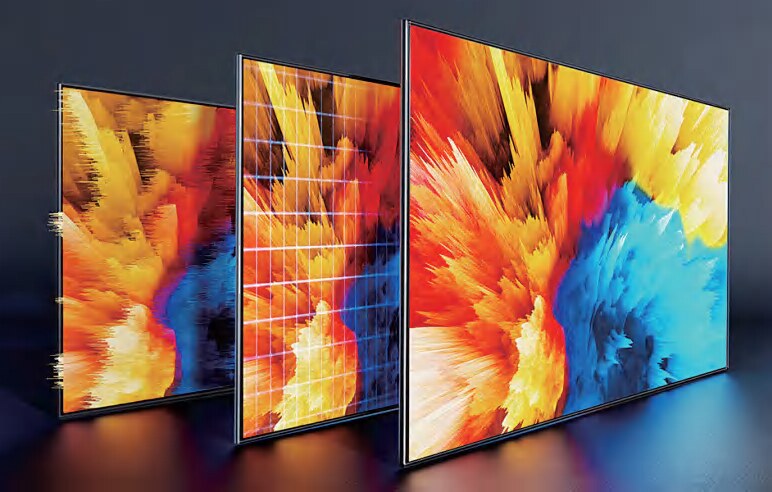 Three Eclipse COB LED video wall panels with vivid abstract imagery