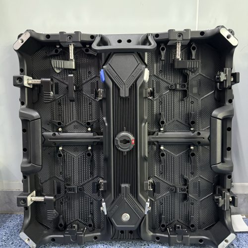 Rear of 500 x 500 mm portable rental LED video wall panel showing die-cast quick-lock frame and handles