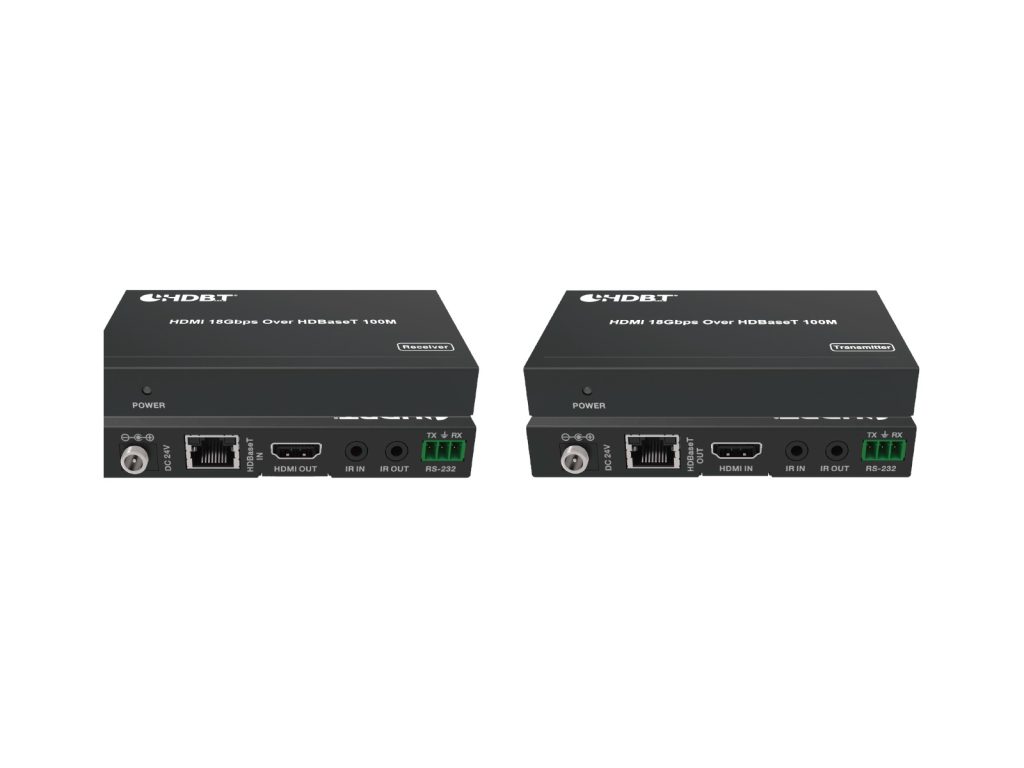 HDBaseT transmitter and receiver pair labelled HDMI 18Gbps over HDBaseT 100M with RS-232 and IR ports