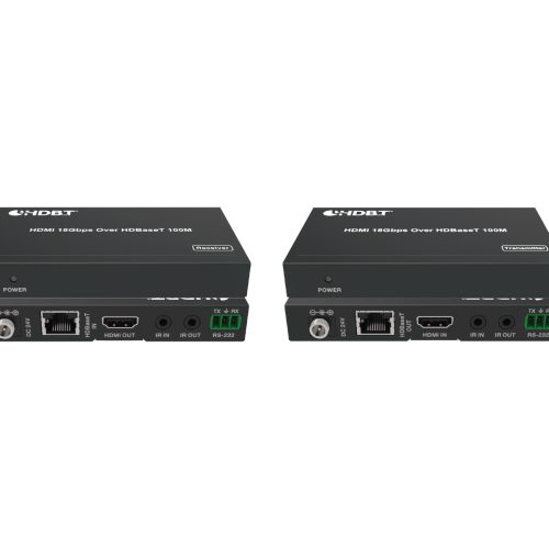 HDBaseT transmitter and receiver pair labelled HDMI 18Gbps over HDBaseT 100M with RS-232 and IR ports