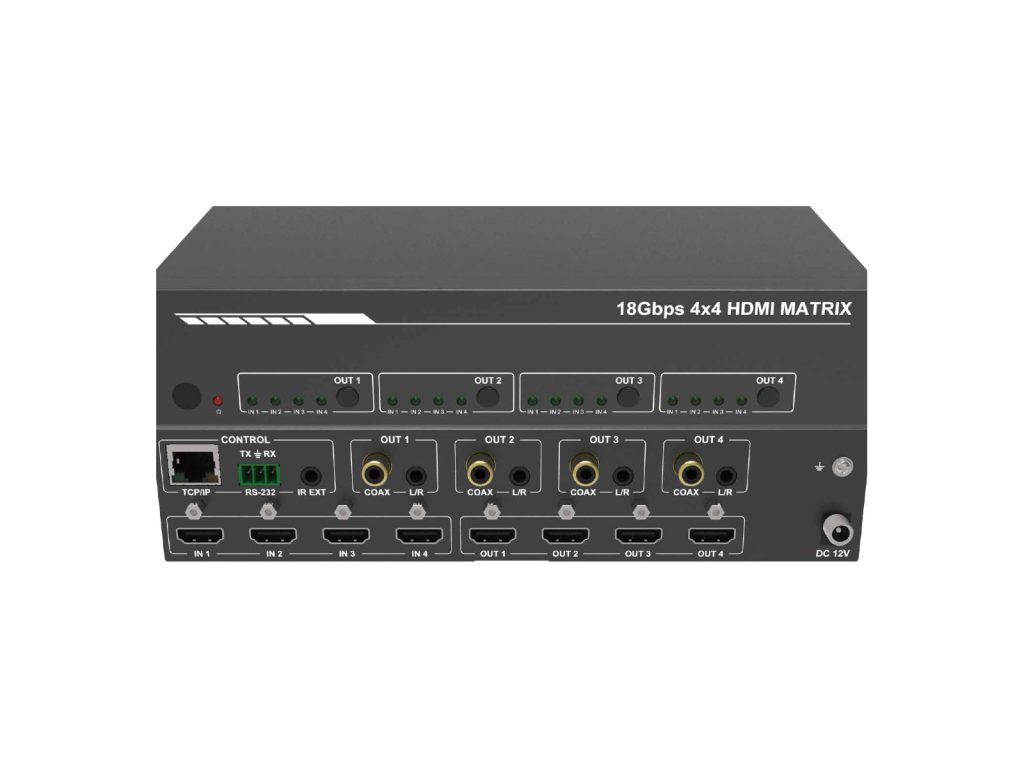 Front and rear panel of a 4x4 4K60 HDMI matrix switcher with audio de-embedding