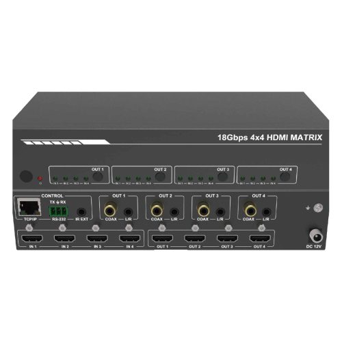Front and rear panel of a 4x4 4K60 HDMI matrix switcher with audio de-embedding