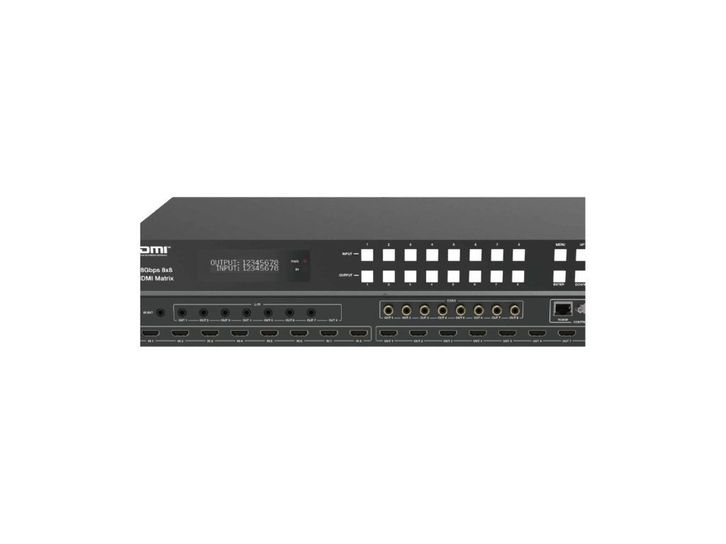 Front and rear panel of an 8x8 4K60 HDMI matrix switcher with eight inputs and eight outputs