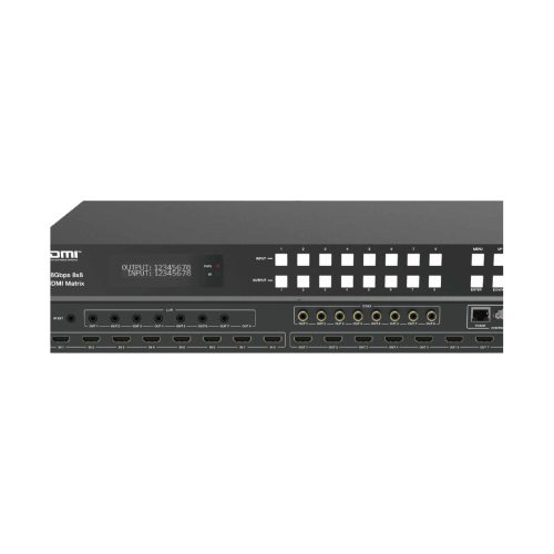 Front and rear panel of an 8x8 4K60 HDMI matrix switcher with eight inputs and eight outputs