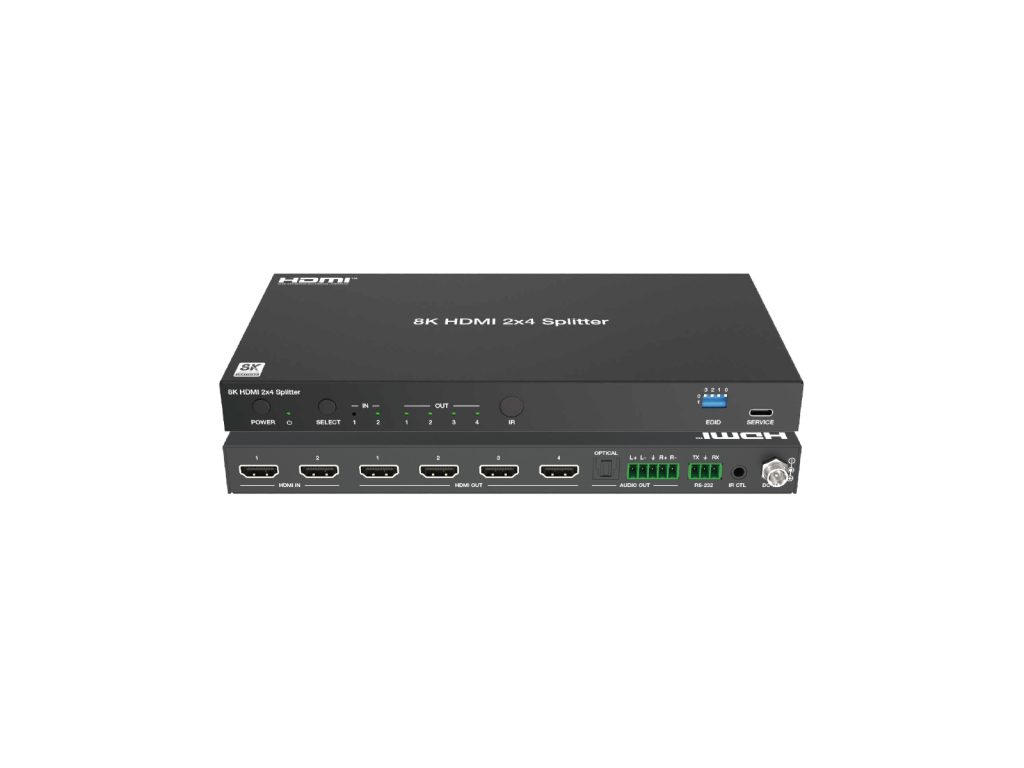 Front and rear view of an 8K60 HDMI splitter with two inputs, four outputs and audio breakout