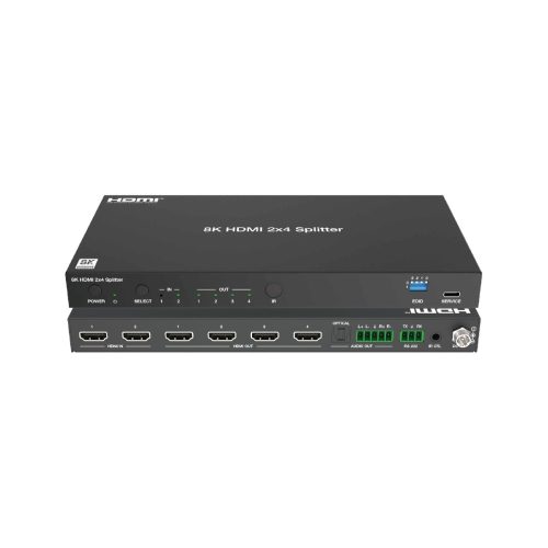 Front and rear view of an 8K60 HDMI splitter with two inputs, four outputs and audio breakout