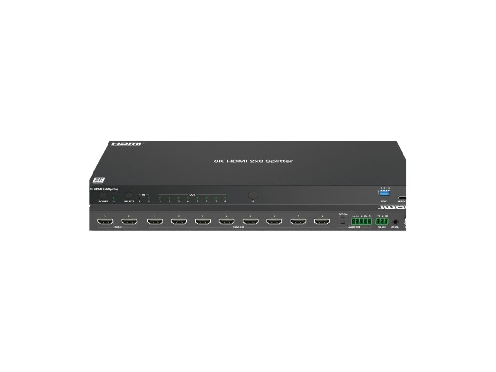 Rear panel of an 8K60 HDMI splitter showing eight HDMI outputs and audio breakout terminals