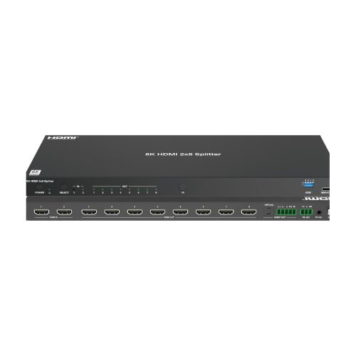 Rear panel of an 8K60 HDMI splitter showing eight HDMI outputs and audio breakout terminals