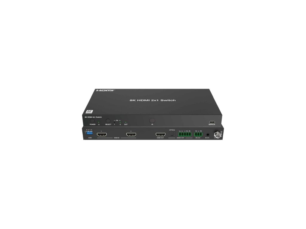 Front and rear view of a 2x1 8K60 HDMI switcher with optical and analog audio breakout outputs