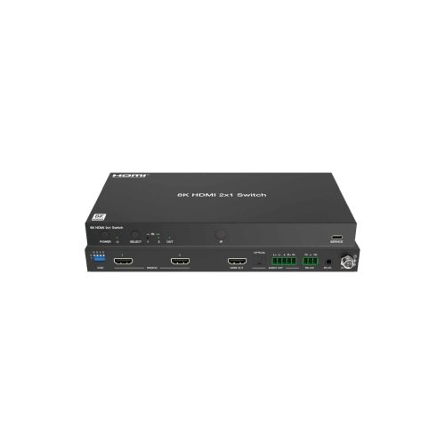 Front and rear view of a 2x1 8K60 HDMI switcher with optical and analog audio breakout outputs