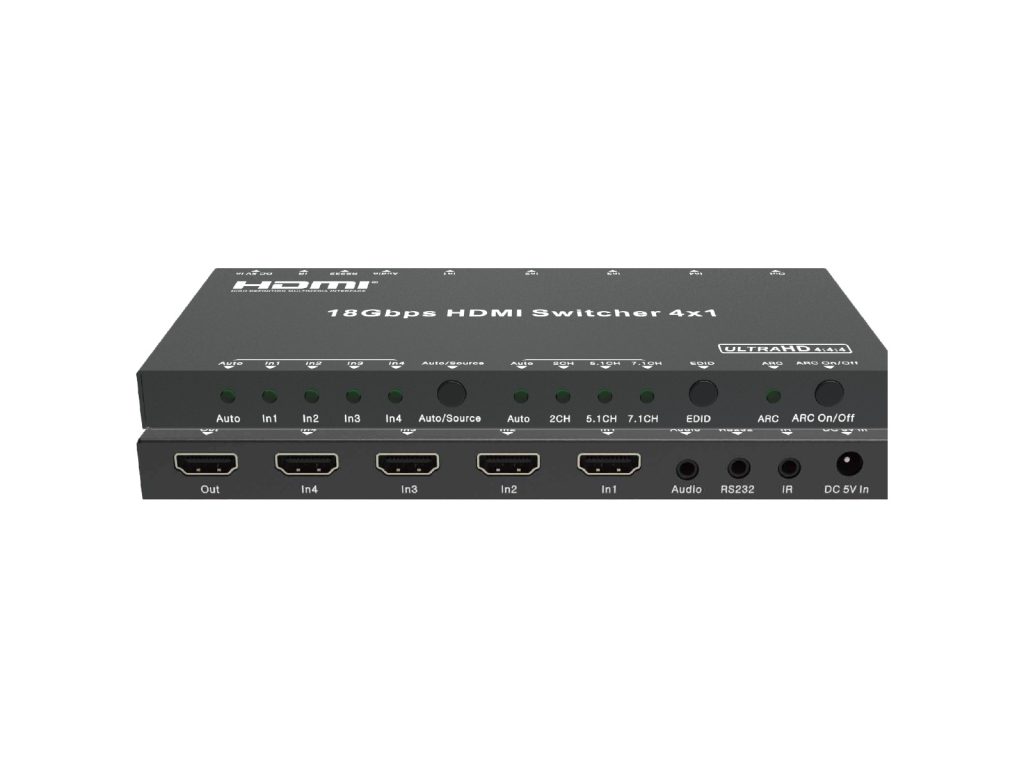 Front panel of a 4x1 4K60 HDMI switcher with ARC, EDID and audio de-embedding controls