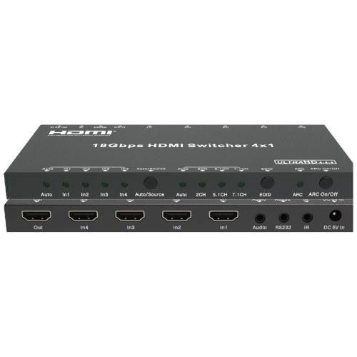 Front panel of a 4x1 4K60 HDMI switcher with ARC, EDID and audio de-embedding controls