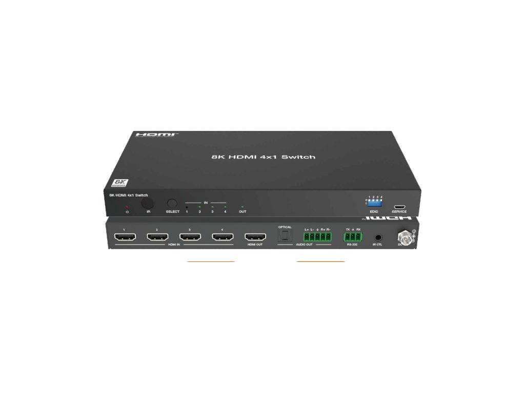 Front and rear view of a 4x1 8K60 HDMI switcher showing four HDMI inputs and audio breakout