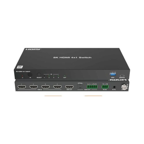 Front and rear view of a 4x1 8K60 HDMI switcher showing four HDMI inputs and audio breakout