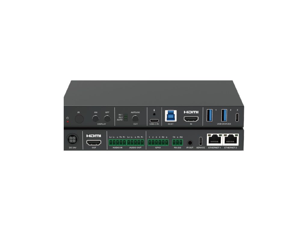 Huddle room switcher with HDMI and USB-C inputs, USB hub and dual gigabit Ethernet ports