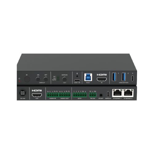 Huddle room switcher with HDMI and USB-C inputs, USB hub and dual gigabit Ethernet ports