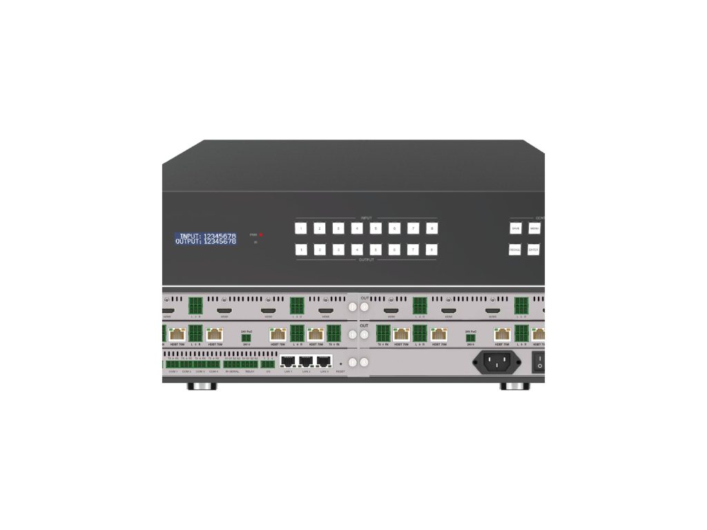 Front and rear of an 8x8 seamless modular matrix chassis with swappable input and output cards