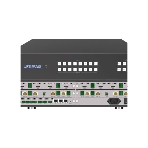 Front and rear of an 8x8 seamless modular matrix chassis with swappable input and output cards