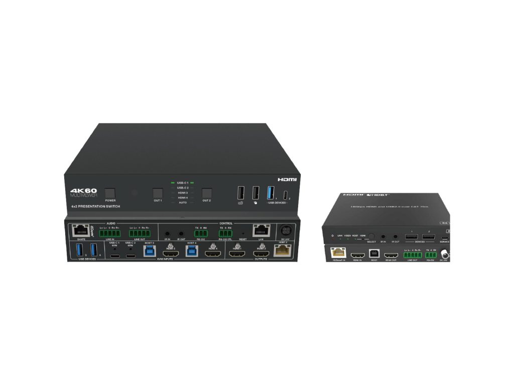 Presentation switcher with four inputs, HDMI and HDBaseT outputs, plus its HDBaseT receiver