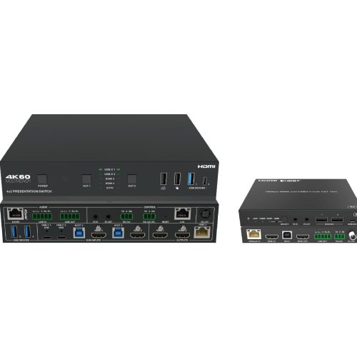 Presentation switcher with four inputs, HDMI and HDBaseT outputs, plus its HDBaseT receiver